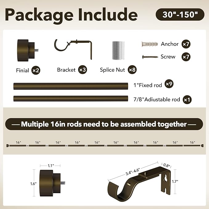 IFELS Heavy Duty Curtain Rods for Windows 72 to 144 Inch, 1 Inch Bronze Window Curtain Rod for Bedroom, Living Room, Outdoor, Adjustable Easy Install Long Modern Curtains Rods(A1,Bronze,30"-150")