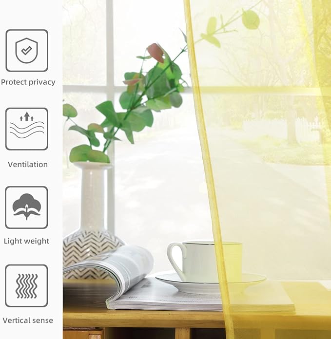 youleyar Solid Sheer Rod Pocket Curtain Voile Draperies 2 Panels White Beige Black Grey Coffee 52 Inch Width 108 Inch Long 1 Pair for Kitchen Bedroom Children Living Room Yard (Yellow,52Wｘ108L)