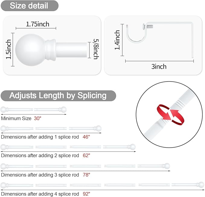 Thestoa Curtain Rods for Windows 48 to 84-92 Inch, White, Stainless Steel Rods for Bedroom, Living Room, Kitchen, Farmhouse, Outdoor
