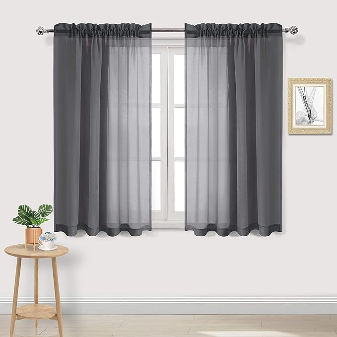 DWCN Dark Grey Sheer Curtains Semi Transparent Voile Rod Pocket Curtains for Bedroom and Living Room, 42 x 54 inches Long, Set of 2 Panels