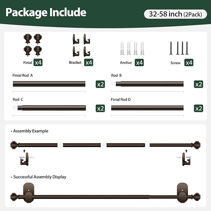 KAMANINA 2 Pack Curtain Rods No Drilling for Windows 32 to 58 Inches, 5/8 Inch Diameter Adjustable Single Curtain Poles with Adhesive Brackets, Bronze