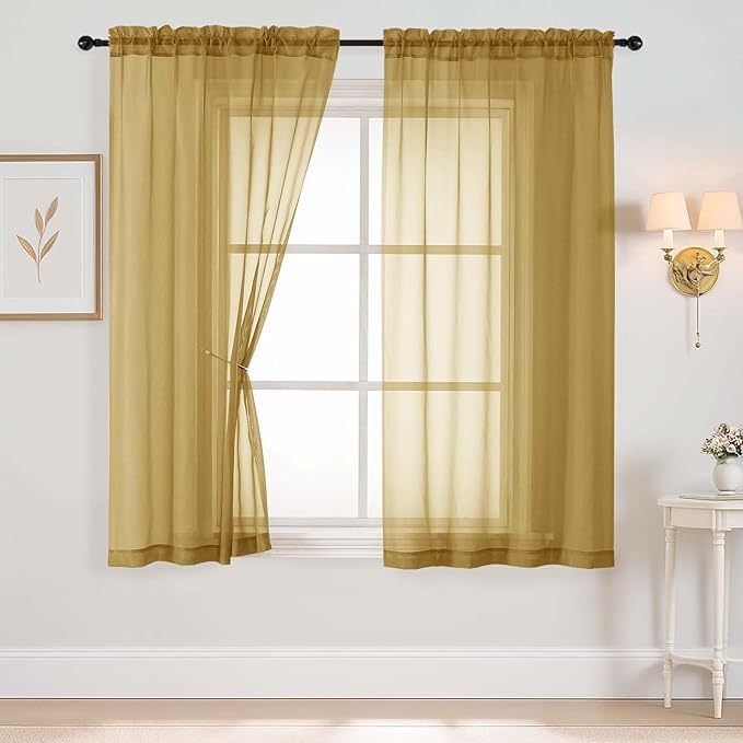 Gold Sheer Curtains 63 Inch Length 2 Panels, Voile Sheer Curtain for Living Room, Breathable Light Filtering Modern Window Treatments, Soft Fabric Dual Rod Pocket Drapes, 2x42Wx63L Inches