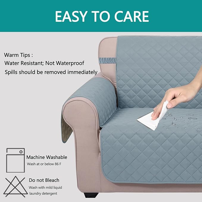 U-NICE HOME Reversible Oversized Chair Covers Quilted Water Repellent Pet Protectors with Elastic Straps(28''Armchair, Light Blue/Beige)