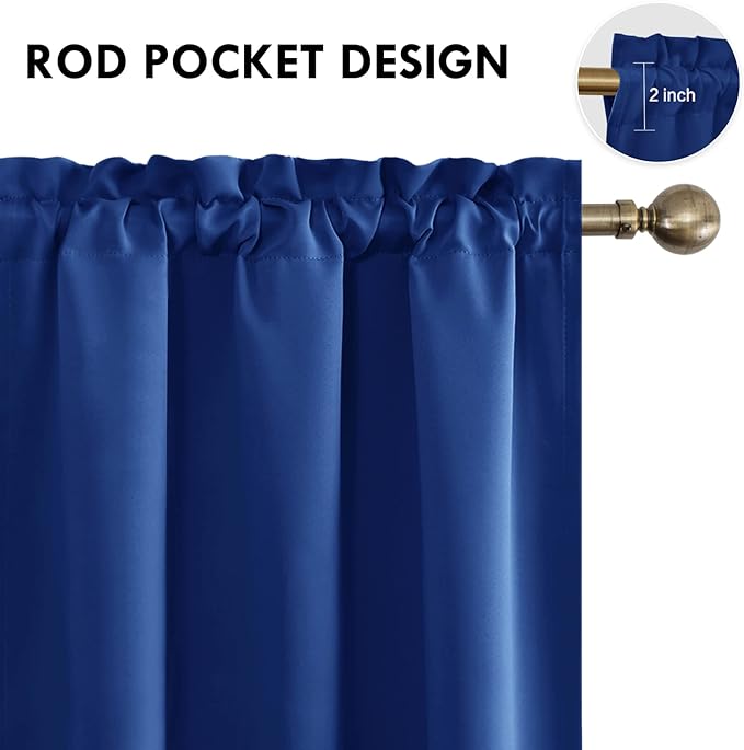 DWCN Blackout Curtains Room Darkening Thermal Insulated Bedroom Curtains Window Curtain Panels, 38 x 63 inches Long, Set of 2 Classic Blue Rod Pocket Drapes