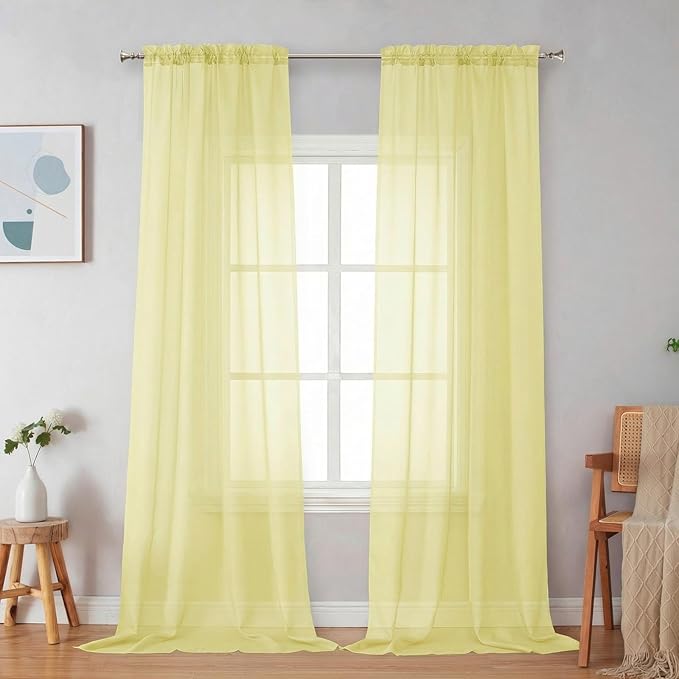 Simplebrand Light Yellow Sheer Curtains 96 Inches Long, Light Filtering Rod Pocket Solid Color Window Sheer Curtain Panels, Elegant Curtains & Drapes for Living Room, Bedroom 2 Panels 42" W x 96" L