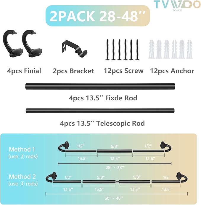 TVWOO 2 Pack Wrap Around Curtain Rods, 28 to 48 Inch, 5/8 Inch Adjustable Blackout Curtain Rod Set, Room Darkening Window Rod, Metal Thicken Hidden Curved Drapery Rod, Matte Black