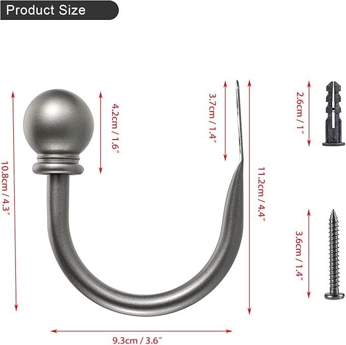 Sumnacon Set of 2 Decorative Curtain Holdbacks, Wall Mounted Aluminum Alloy Window Drapery Tiebacks for Bedroom, Livingroom Office Come with Screws, Grey
