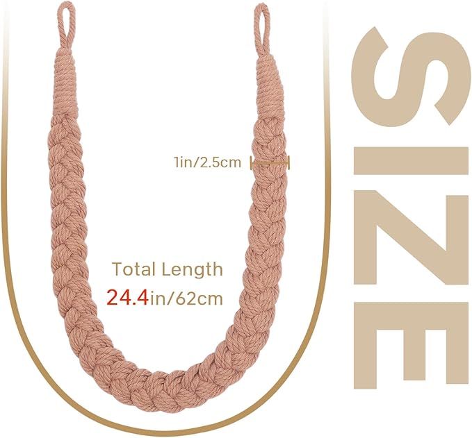 NICEEC 4 Pack Natural Cotton Rope Curtain Tiebacks Elegant Boho Style Decorative Drape Tie Backs Soft Hand-Woven Rope Curtain Holdbacks with Metal Hook for Home & Office Drapery (Reddish Brown)