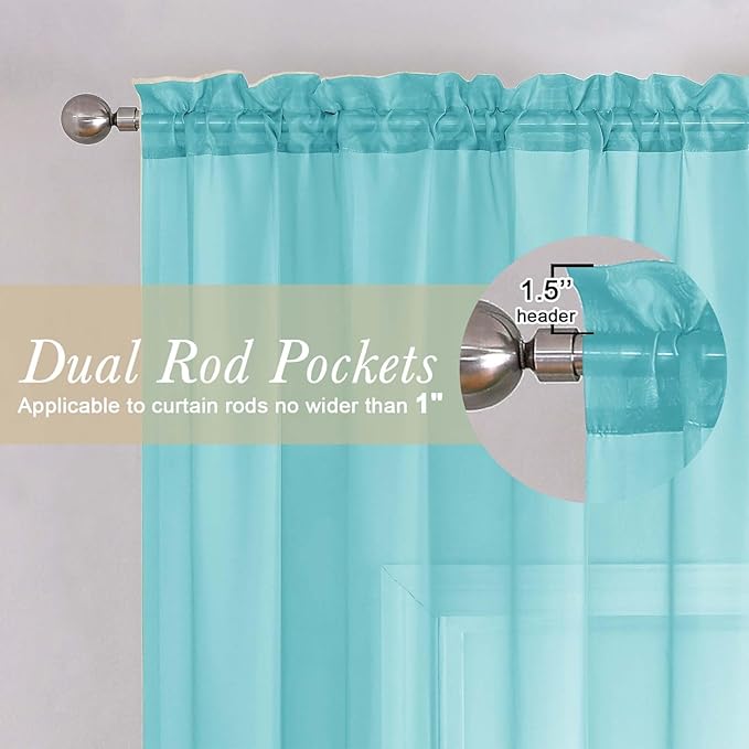 Lecloud Aqua Sheer Curtains for Living Room 72 Inches Long 2 Panels, Dual Rod Pockets Solid Window Curtains for Bedroom, Modern Farmhouse Decor Voile Light Filtering Drapes, Each Panel 42" W x 72" L