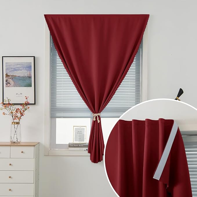 Self Adhesive Curtains, Stick Curtain Blackout Shades Window Cover Curtains for Living Room No Drilling, 35" W X 59" L, Burgundy, 1 Panel