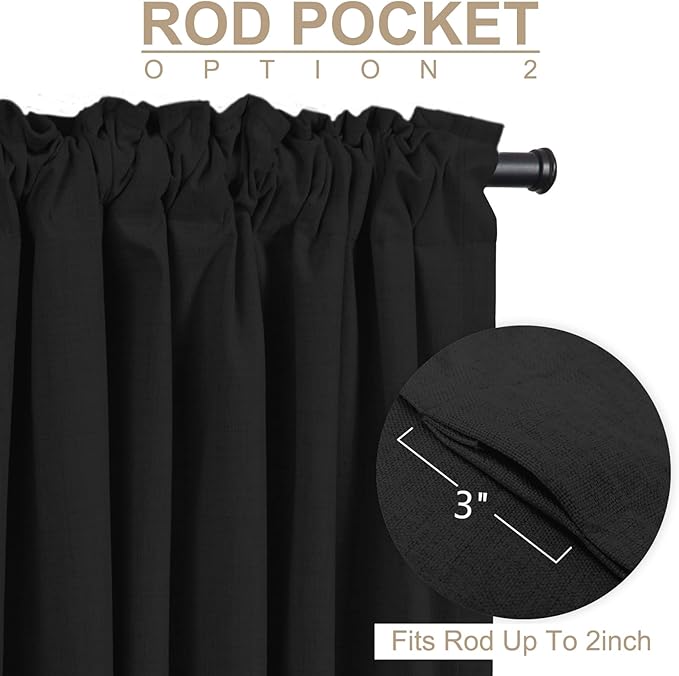 100% Blackout Shield Linen Blackout Curtains for Bedroom 96 Inches Long, Back Tab/Rod Pocket Living Room Drapes, Thermal Insulated Blackout Curtains 2 Panels Set, 50" W x 96" L, Black