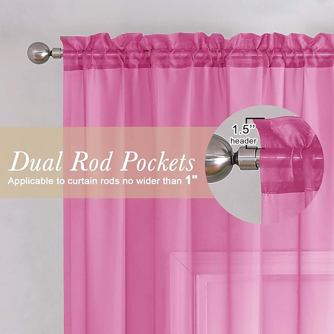 Lecloud Hot Pink Sheer Curtains 90 Inches Long 2 Panels, Solid Voile Privacy Window Treatment Aesthetic Living Room Curtains, Rod Pockets Soft Airy Drapes for Girls Bedroom, Each Panel 42" W x 90" L