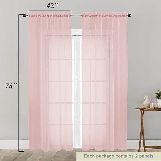 Blush Sheer Curtain for Bedroom Living Room 78 Inches Long 2 Panels Set, Solid Soft Airy Light Filtering Sheer Window Curtains, Modern Rod Pocket Door Curtain, Blush, 42" Wx78 L Inches