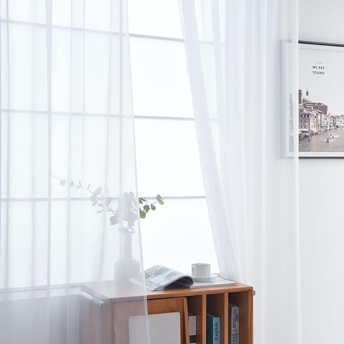 SpaceDresser Sheer White Curtains 4 Panels Rod Pocket Semi-Sheer Curtain 96 Inches Long Light Filtering Voile Window Drapes for Bedroom Living Room Kitchen, Each 52W x 96L