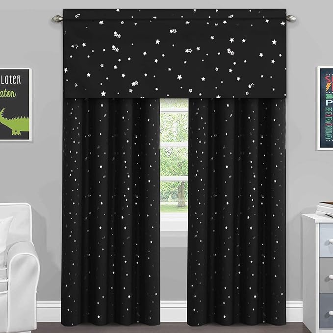H.VERSAILTEX Blackout Curtain Valances for Kitchen Window/Living Room/Bathroom Privacy Added Rod Pocket Home Decoration Winow Valance, 52" W x 18" L, Glitter Stars in Black Base (Pack of 4)