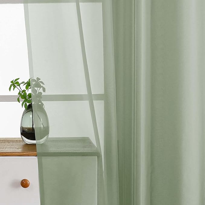 Sage Green Valances for Windows 14 inch Length 2 Panels, Small Voile Sheer Curtains for Bathroom, Soft Fabric Lightweight Light Filtering Kitchen Curtains, Dual Rod Pocket, 2x42Wx14L Inches