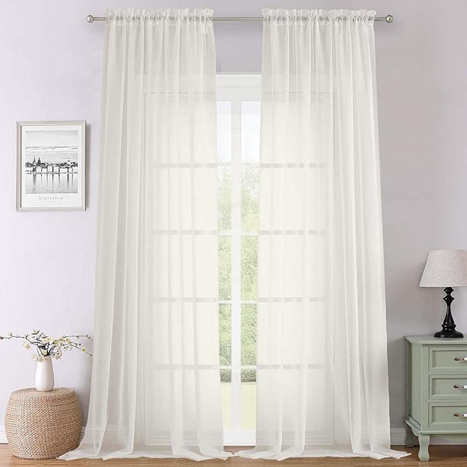 Lecloud Ivory Sheer Curtains 108 Inches Long 2 Panels, Solid Airy Voile Extra Wide Sheer Curtains, Farmhouse Elegant Light Filtering Window Curtain Drapes for Living Room Balcony, 59" W x 108" L