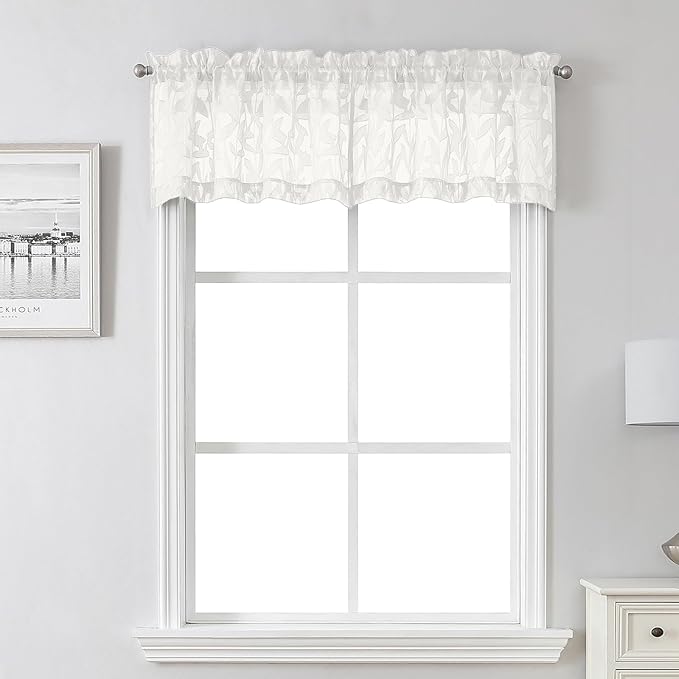 Lecloud Leia Ivory Sheer Valances for Windows 14 Inch Length 2 Pcs, Jacquard Leaf Textured Cafe Kitchen Short Curtains with Dual Rod Pockets, Small Curtain for Living Room Bedroom, 28" W x 14" L