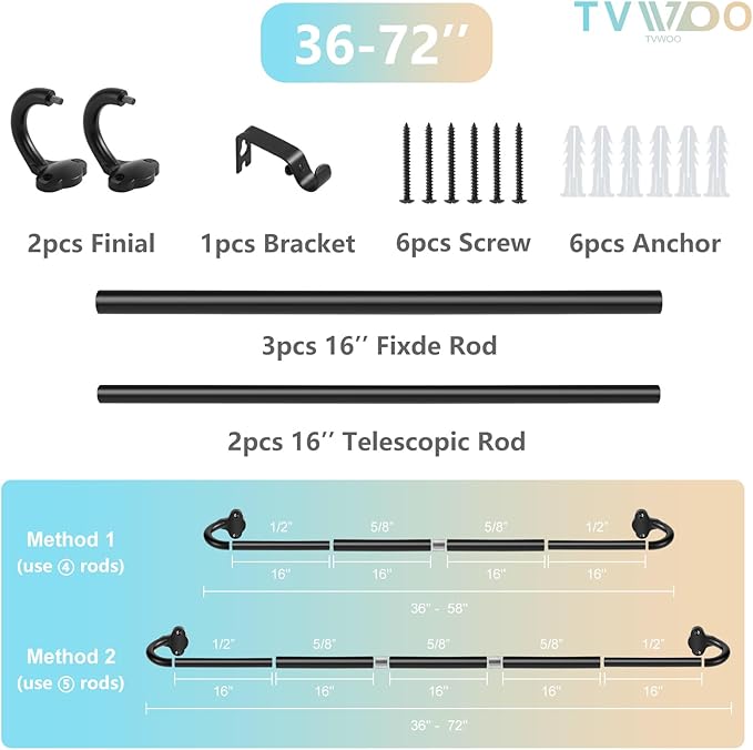 TVWOO Black Wrap Around Curtain Rods:5/8" Small Blackout Adjustable Window Curtain Rod for Bedroom Kitchen Apartment Renter Friendly,Room Darkening Curved Drapery Rods Easy Install,Matte Black 36-72"