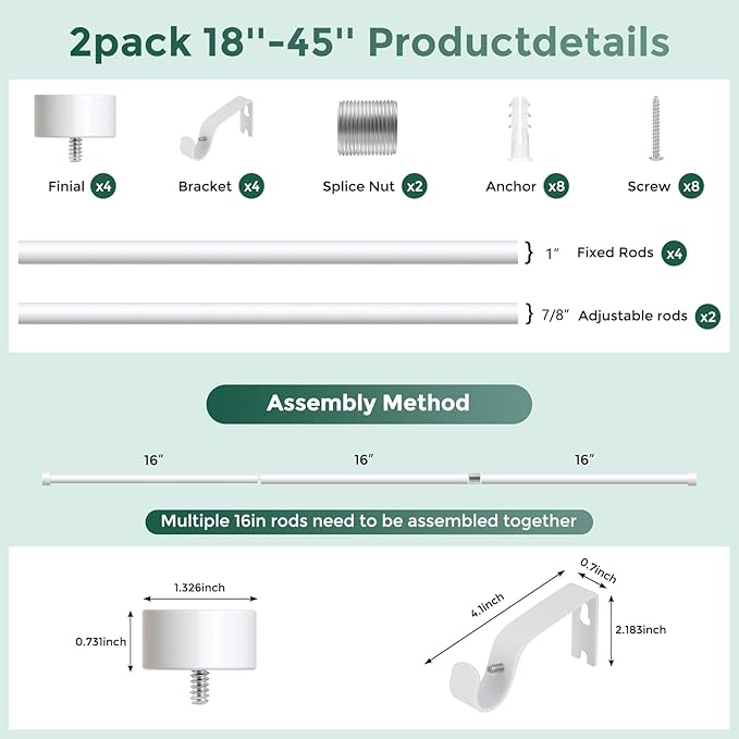 VOIIY 2 Pack Curtain Rods for Windows 18 to 42 Inch(1.5-3.5 Feet),White 1'' Diameter Drapery Rods with End Cap Style Design,Modern Adjustable Heavy Duty Curtain Rod,Size:18''-42''