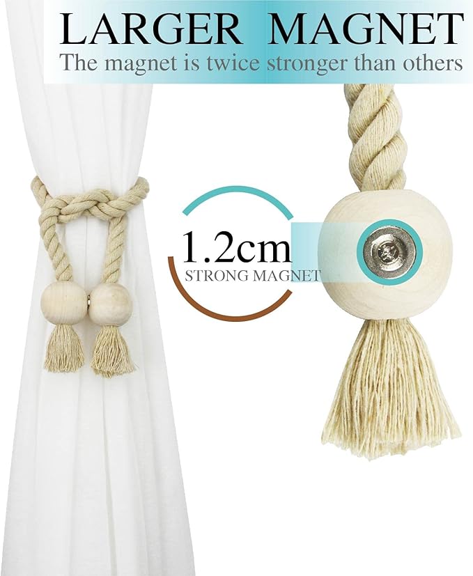 4 Pack Magnetic Curtain Tiebacks Cotton Hand Woven Tie Back Decorative Rope Holdbacks for Curtains Draperies No Tools Required, Dark Beige