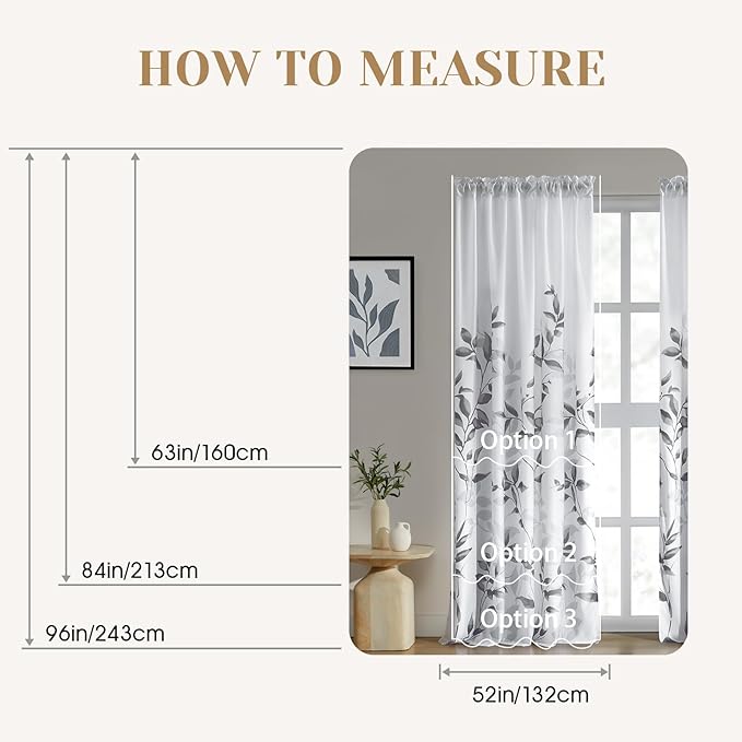HOMEIDEAS Non-See-Through Light Grey and White Privacy Sheer Curtains 52 X 63 Inch Length 2 Panels, Leaf Floral Printed Light Filtering Semi Sheer Window Curtains Drapes for Bedroom Living Room