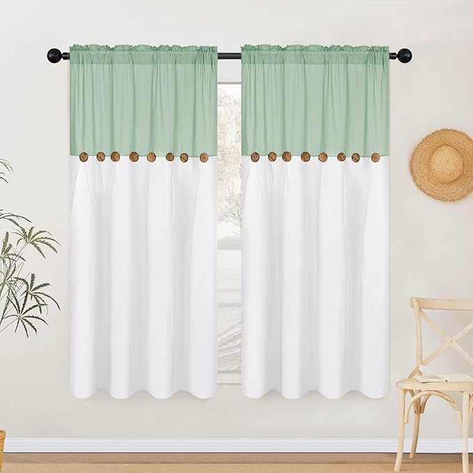 FRAMICS Farmhouse Cotton Linen Curtains for Living Room, Boho Button Curtains 63 Inch Length, Sage Green Rustic Country Linen Window Curtains for Bedroom, Rod Pocket Curtains & Drapes, 52 x 63 Inch