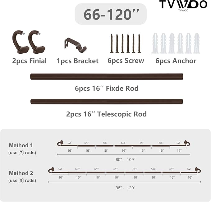 TVWOO Bronze Wrap Around Curtain Rods:5/8Inch Blackout Adjustable Window Curtain Rod for Bedroom Kitchen Apartment Renter Friendly,Room Darkening Curved Drapery Rods Easy Install,Antique Brown 66-120"