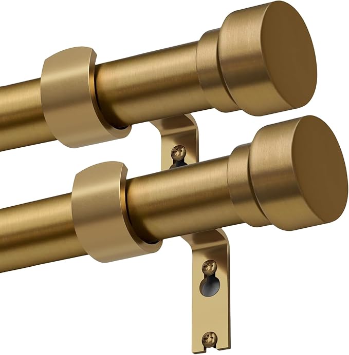 Lootkell 2 Pack Brass Gold Curtain Rods Set for Windows 66 to 120 Heavy Duty 1" Diameter Adjustable Window Single Rods with Solid Metal Finials for Bedroom Living Room Kitchen Farmhouse