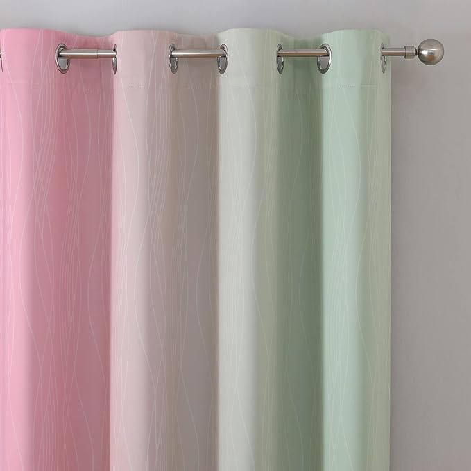 Estelar Textiler Ombre Sage Green and Pink Blackout Curtains 63 Inch Length 2 Panels for Playroom, Gradient Thermal Insulated Full Light Blocking Grommet Blackout Drapes for Kids Room, 52Wx63L