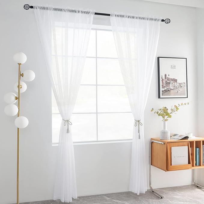 youleyar Solid Sheer Rod Pocket Curtain Voile Draperies 2 Panels White Beige Black Grey Coffee 52 Inch Width 128 Inch Long 1 Pair for Kitchen Bedroom Children Living Room Yard(White,52Wｘ128L)