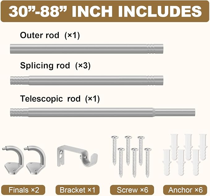 GXOACKJ Silver Curtain Rods for Windows 48 to 84 inch, 5/8 inch Adjustable Wrap Around Blackout Curtain Rods for Bedroom & Outdoor