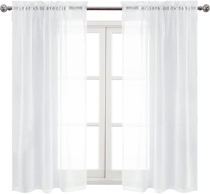 DWCN Sheer White Curtains 54 inch Length, Rod Pocket Solid Color Window Treatment with Light Filtering, Short Elegant Curtains & Drapes for Living Room, Bedroom, 2 Panels, Each W42 x L54