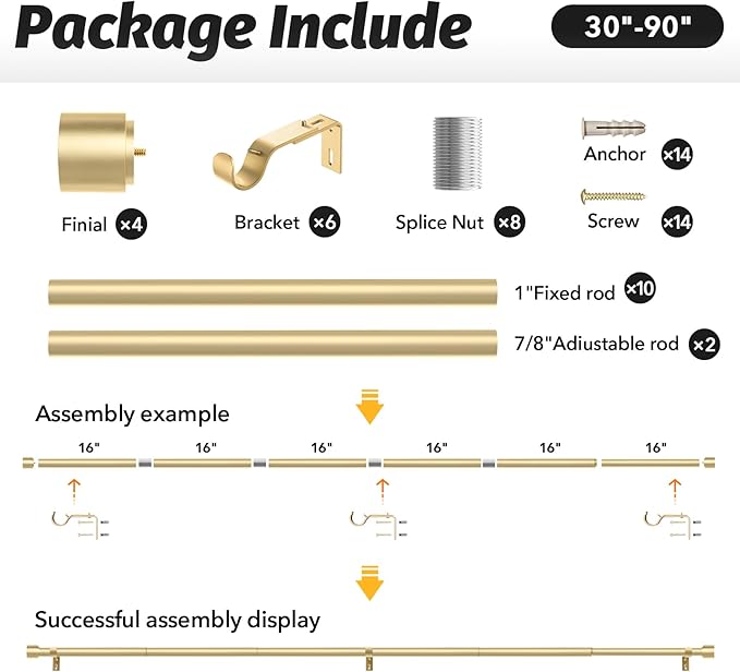 GEEBOBO 2 Pack Gold Curtain Rods for Windows 48 to 84 Inch, 1 Inch Adjustable Heavy Duty Easy Install Curtain Rods Set for Outdoor, Patio, Farmhouse, Bedroom, Living Room (Gold,30"-90",2 Pack)