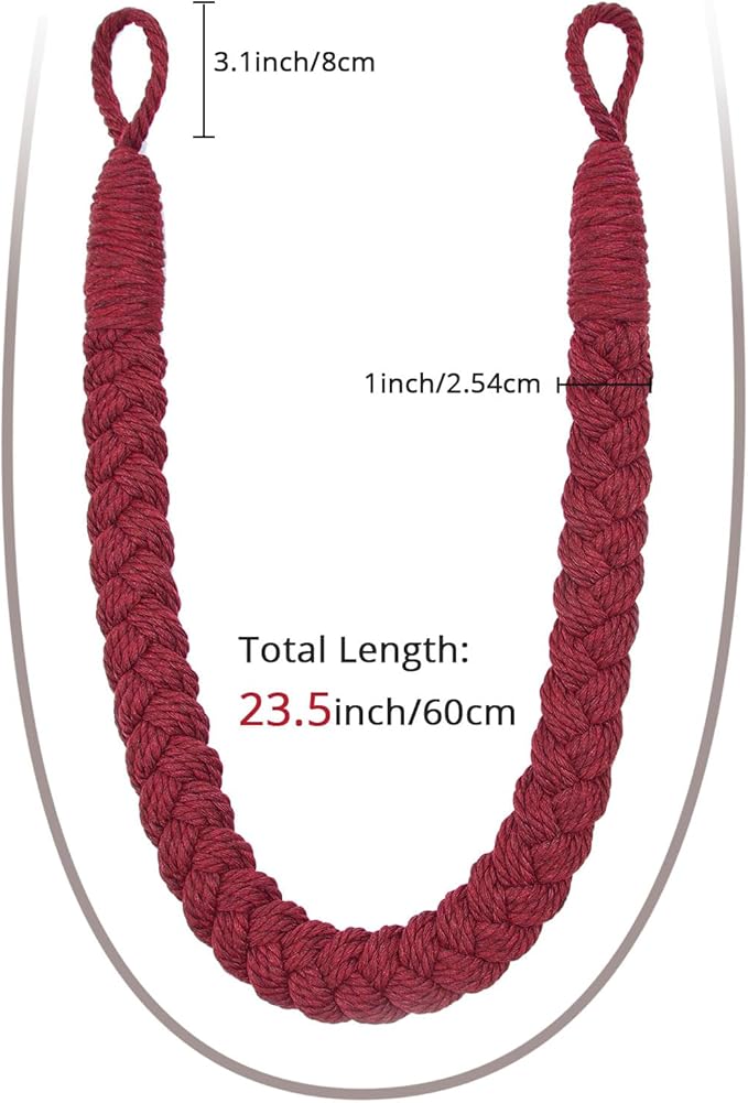 NICEEC 2 Pack Natural Cotton Rope Curtain Tiebacks Elegant Boho Style Decorative Drape Tie Backs Soft Hand-Woven Rope Curtain Holdbacks with Metal Hook for Home & Office Drapery (Wine Red)