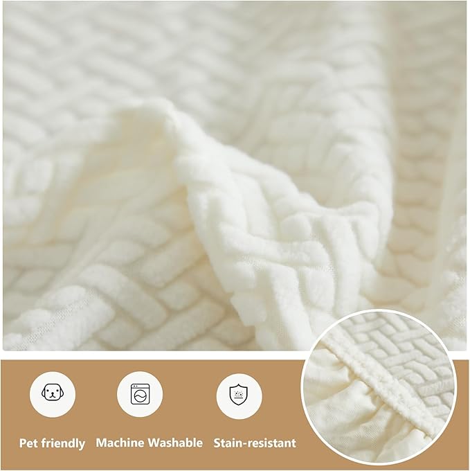 Couch Cushion Covers for Sofa Couch Covers Wear-Resistant Universal Sofa Cover Washable Stretch for Sectional Slipcovers (Texture-Cream White,Large Double Seat Cover)
