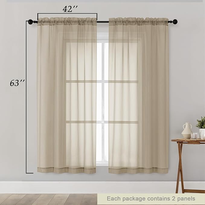 Sheer Taupe Curtains for Bedroom Living Room 63 Inch Length 2 Panels, Airy Soft Light Filtering Sheer Dining Room Curtains, Modern Rod Pocket Drapes, Taupe, Each 42" Wx63 L Inches