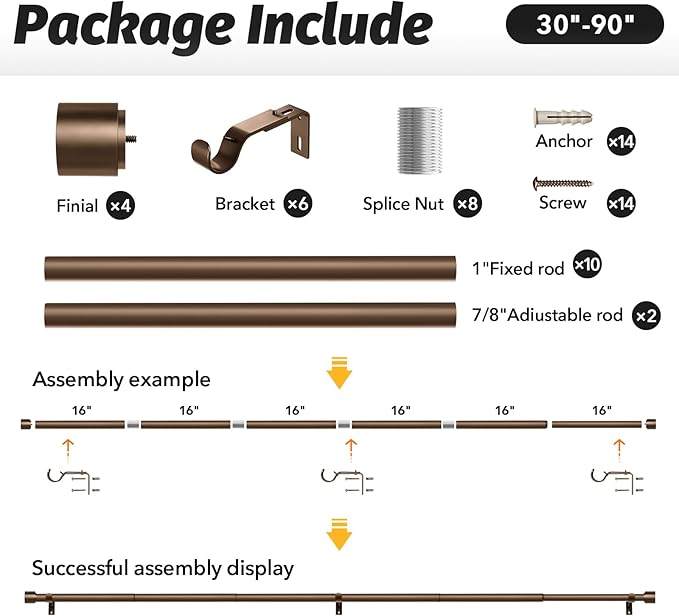 GEEBOBO 2 Pack Bronze Curtain Rods for Windows 48 to 84 Inch, 1 Inch Adjustable Heavy Duty Easy Install Curtain Rods Set for Outdoor, Farmhouse, Bedroom, Living Room (Bronze,30"-90",2 Pack)