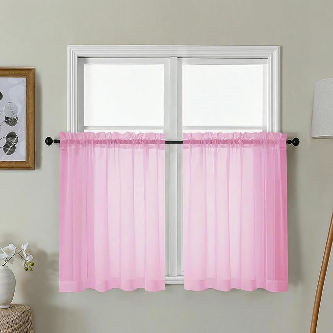 Gwine Short Kitchen Sheer Curtains 30 Inch Length - Light Filtering Voile Small Half Window Curtain for Basement, Rod Pocket Cafe Curtains for Bathroom Cabinet, 42Wx30L Inch, 2 Panels, Pink