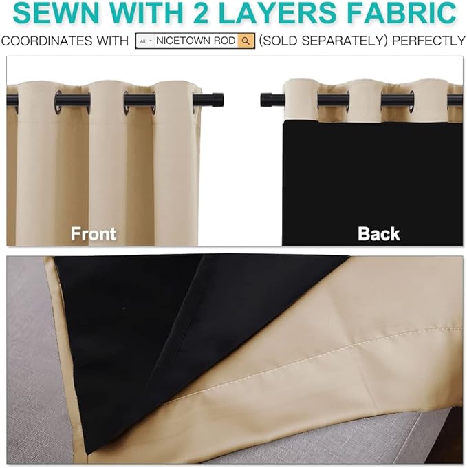 NICETOWN Living Room Completely Shaded Draperies, Privacy Protection & Noise Reducing Ring Top Drapes, Black Lined Insulated Window Treatment Curtain Panels(Biscotti Beige, 2 Pieces, W52 x L84)
