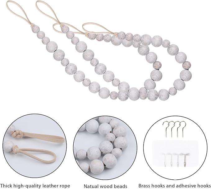OCIOLI 2 Pieces Wood Bead Curtain Tieback Boho Curtain Tiebacks Curtain Holdbacks for Wall Curtain Ties Window Treatment Curtain Tie Backs with Hooks Curtain Pull Backs (Whitewashed Color, 2) (C-1)