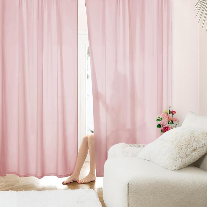 HOMEIDEAS Non-See-Through Light Pink Privacy Sheer Curtains, 52 X 54 Inches Long 2 Panels Sheer Curtains Light Filtering Window Drapes for Bedroom Living Room