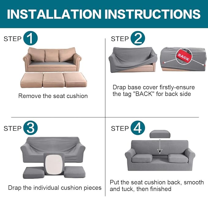 Turquoize 4 Piece Sofa Covers for 3 Cushion Couch Sofa Slipcover Soft Couch Cover for Dogs-Washable Sofa Furniture Covers with 3 Individual Large Cushion Covers (XL Sofa, Dove)