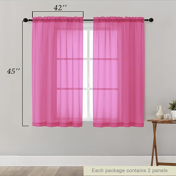 Hot Pink Sheer Curtains for Bedroom Living Room 45 Inch Length 2 Panels, Soft Airy Light Filtering Small Kitchen Window Curtains, Rod Pocket Short Curtain Drapes, Hot Pink, 42" Wx45 L Inches