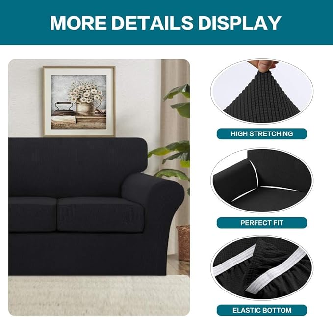 Turquoize 4 Piece Sofa Covers for 3 Cushion Couch Sofa Slipcover Soft Couch Cover for Dogs Washable Furniture Cover with 3 Individual Large Cushion Covers Feature Fabric (Large Sofa, Black)