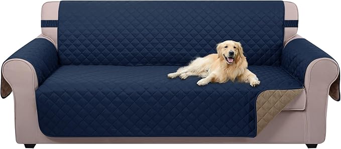U-NICE HOME Reversible Sofa Cover Couch Cover for Dogs with Elastic Straps Water Resistant Furniture Protector for Pets Couch Cover for 3 Cushion Couch (Sofa, Navy/Taupe)