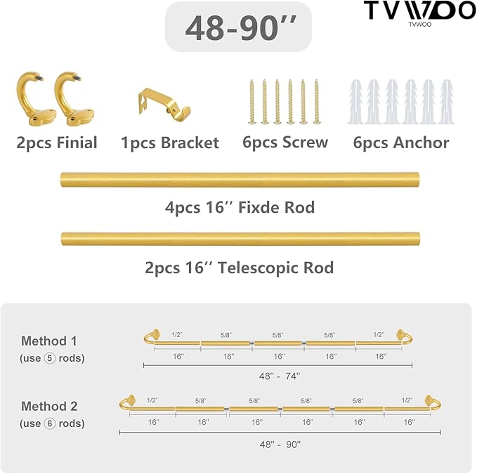TVWOO Gold Wrap Around Curtain Rods:5/8" Small Blackout Adjustable Window Curtain Rod for Bedroom Kitchen Apartment Renter Friendly,Room Darkening Curved Drapery Rods Easy Install,Brass Golden 48-90"