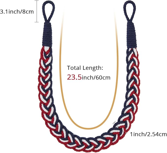 NICEEC 2 Pack Natural Cotton Rope Curtain Tiebacks Elegant Boho Style Decorative Drape Tie Backs Soft Hand-Woven Rope Curtain Holdbacks with Metal Hook for Home & Office Drapery (Flag Color)