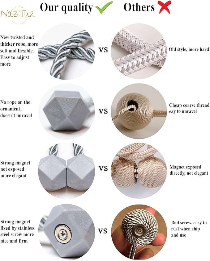 NazTur Magnetic Curtain Tiebacks- Upgrade 2022 with a Thicker Twist Rope & Strong Magnet Tieback Window Treatment Holdbacks Draperies Holders Decorative Drape Handmade Tie Back (Grey, 2)
