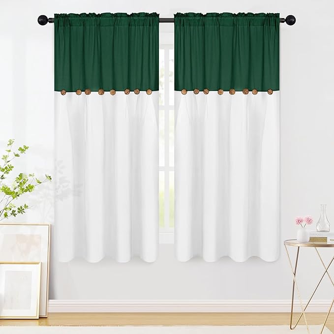 FRAMICS Farmhouse Cotton Linen Curtains for Living Room, Boho Button Curtains 63 inch Length, Rustic Country Linen Window Curtains for Bedroom, Rod Pocket Drapes, 52 x 63 Inch, Green and White